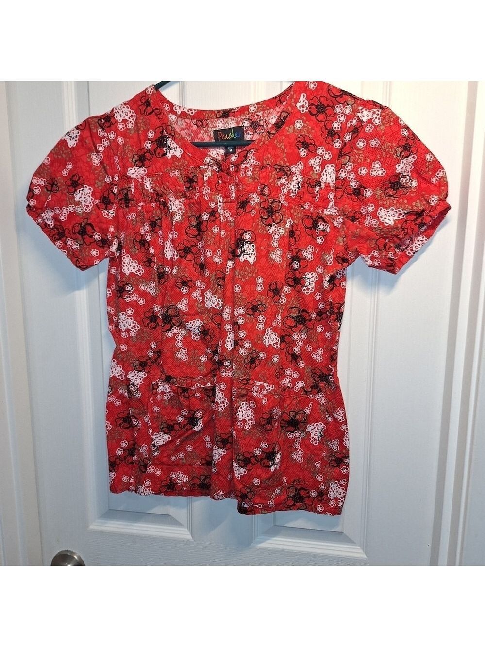 Peaches Uniforms Red Floral Top Medium